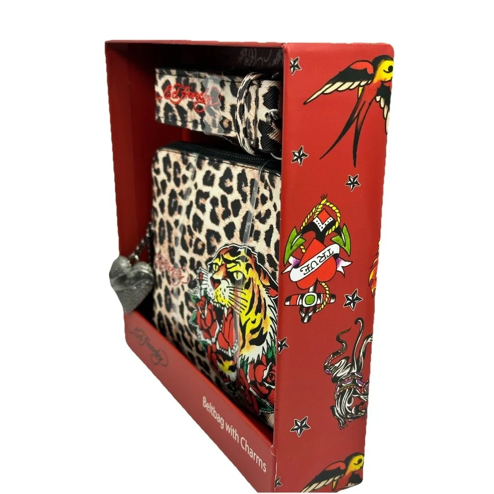 Ed Hardy Leopard Tiger Beltbag with Charms Studded Tattoo Print NWT
